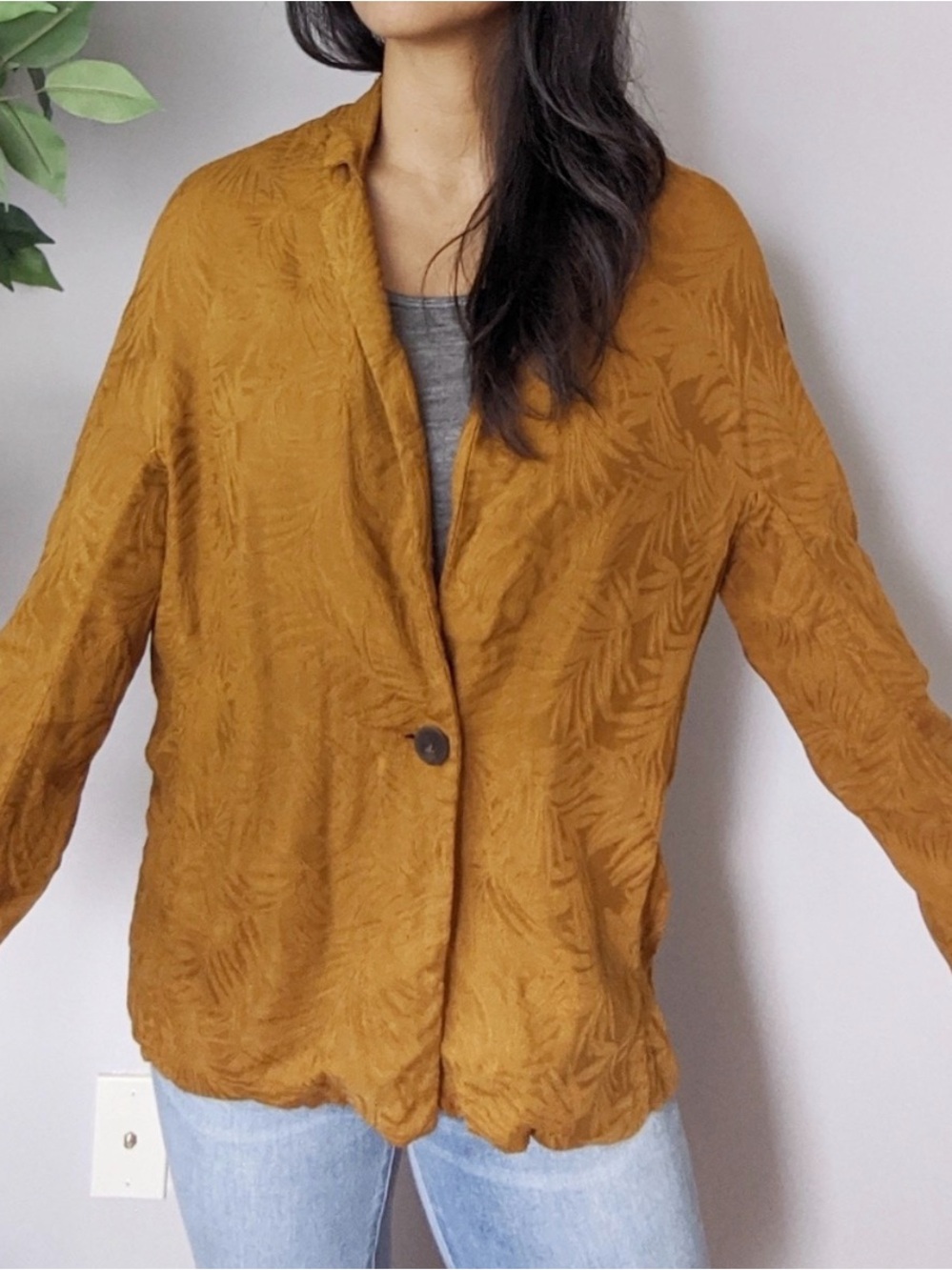 Zara Mustard Yellow Jacket w/ Floral Stitch Print
